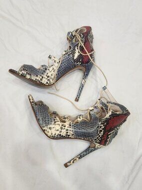 Zara snakeskin stiletto lace-up Heels, blue, red, 6.5
